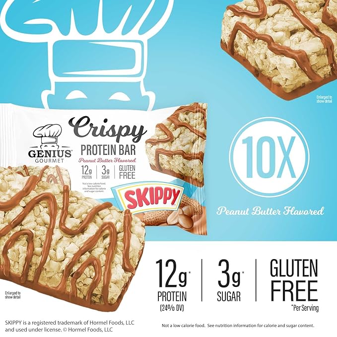 Genius Gourmet SKIPPY® Peanut Butter Flavored Crispy Protein Bars12g Protein per serving (24% DV) 3g Sugar Delicious Snack Bar Gluten Free – 10 Count