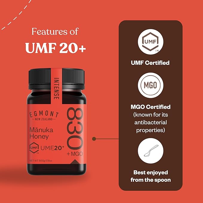 Egmont Honey Manuka Honey UMF 20+ MGO 830+ | 8.8 oz (250 g) | 100% Pure Authentic New Zealand Honey UMF &amp MGO Certified Non-GMO Kosher Traceable Recycled Jar Immune Support