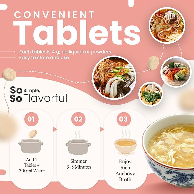 Premium Korean Anchovy Soup Tablets - 4g x 20 Pack | Natural Broth Base Seafood Unami Flavor | Perfect for Soups Stews Rice &amp Noodles Dishes
