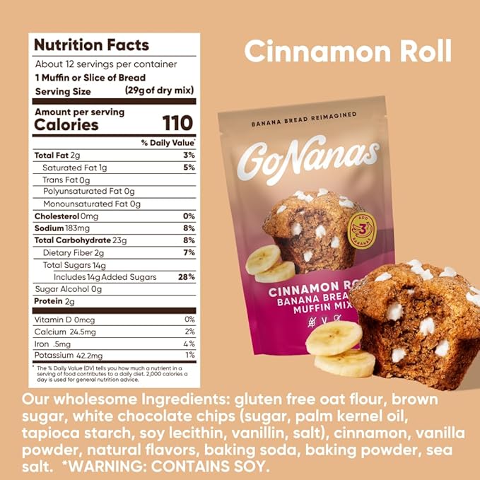 GoNanas Cinnamon Roll Banana Bread Mix Vegan Gluten Free Healthy Snacks. Oat Flour Bread or Muffin Mix. Women Owned US Ingredients Dairy Free Nut Free Delicious Snacks (3 Pack)