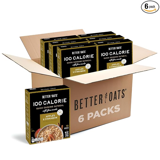 Better Oats 100 Calorie Apples and Cinnamon Oatmeal Packets Instant Breakfast with Flax Seeds and Natural Apple-Cinnamon Flavor Quick Cooking Box of 10 Pouches (Pack of 6)