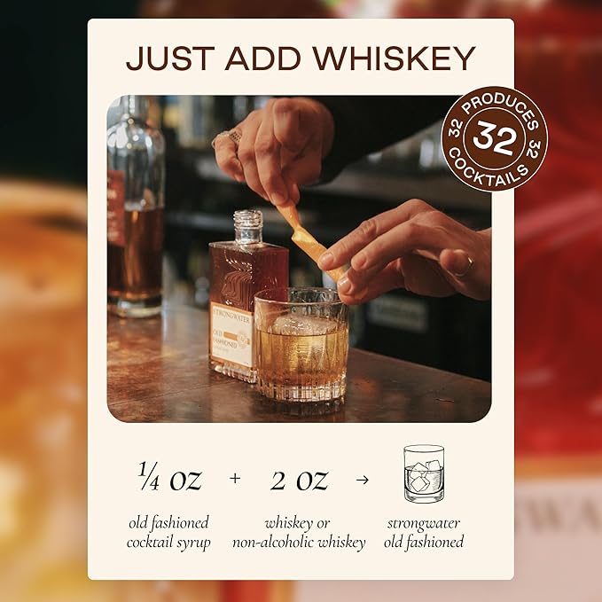 Strongwater Old Fashioned Mix - Makes 32 Cocktails - Handcrafted Old Fashioned Syrup with Bitters Orange Cherry Organic Demerara Sugar - Craft Cocktail Mixer Just Mix with BourbonWhiskey - 1 Pack