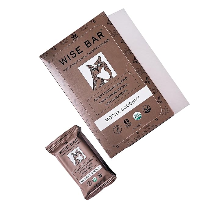 Wise Bar Adaptogen Mushroom Nutrition Bars with Reishi Lions Mane &amp Ashwagandha Organic Vegan &amp Gluten Free Snacks for Natural Focus Energy &amp Immunity Support Mocha Coconut Flavor 12