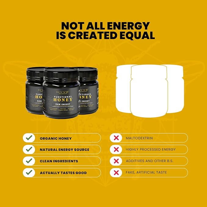 HYVE Functional Pre-workout Raw Energy Honey with Organic Cordyceps Mushrooms Black Lava Sea Salt &amp Organic Honey – Natural Energy Boost 8 Ounce Jar