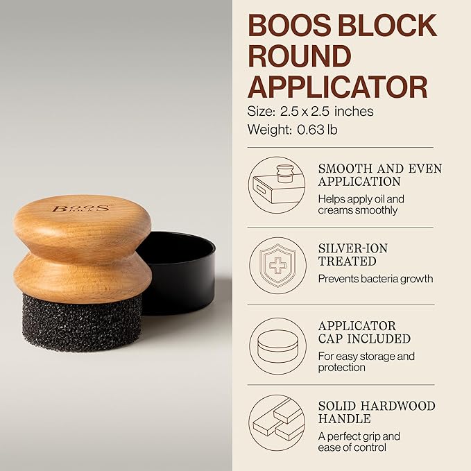 John Boos 2-Piece Care Set 16 oz Mystery Oil &amp Round Beechwood Applicator - All-Natural Maintenance Formula for Butcher Blocks Cutting Boards Wooden Countertops &amp Wood Utensils