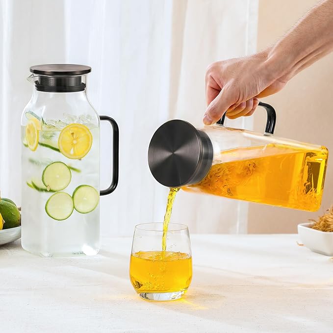 2 Pack 2 Liters/68 oz Square Glass Pitcher with Lid and Handle for Fridge Iced Tea and Coffee Carafe Beverage Serveware Heat Resistant Borosilicate Water Black Jug for Hot/Cold Drinks and Milk