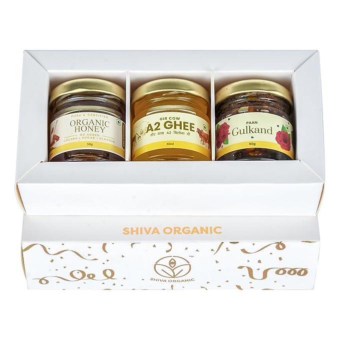 White and Gold Gift Box (50g each - Honey+A2 Ghee+Gulkand)