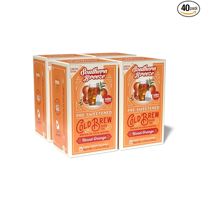 Southern Breeze Cold Brew Sweet Tea Blood Orange Iced Tea with Black Tea and Zero Carbs Zero Sugar 20 Individually Wrapped Tea Bags (Pack of 4) Southern Sweet Tea Iced Tea Beverage