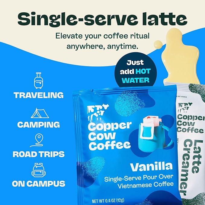 Copper Cow Vietnamese Coffee Variety Pack (15 Coffees &amp 15 Creamers)| Classic Vanilla &amp Salted Caramel Latte | Pour Over Single-Serve Lattes No Refrigeration Needed Travel Friendly Ground