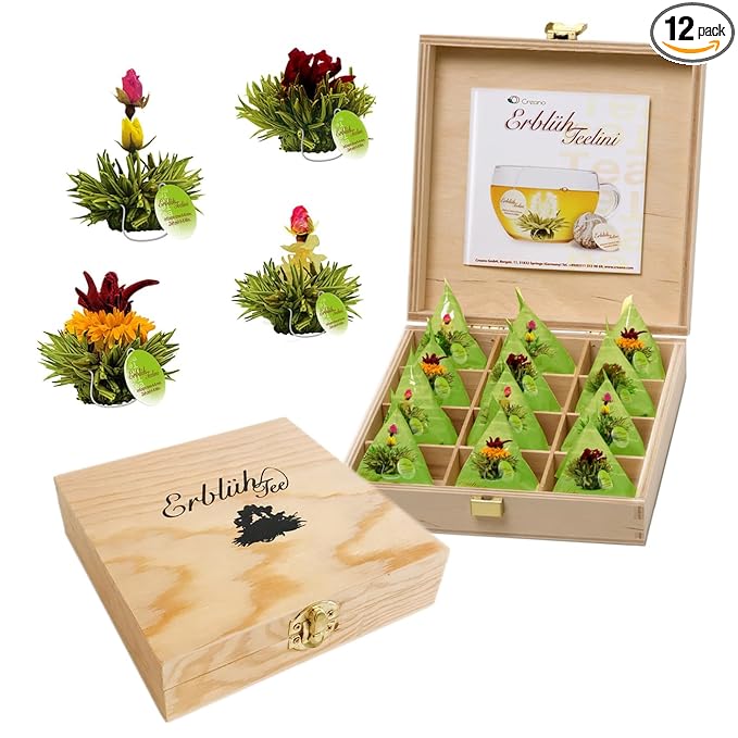 Creano Tea Flowers in Cup Size - Gift Set in Wooden Box - 12 Blooming Green Tea in 4 Varieties - Gift for Women Mother Tea Lovers