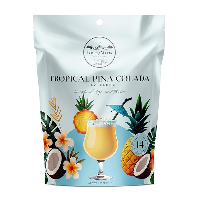 Tropical Pina Colada White Tea Blend by Happy Valley Tea Company – 14- Satchel – Cocktail-Inspired – Enjoy it HOT ICED or Mocktail. Coconut Pineapple – No Artificial Flavors Drink mix Tea Bag