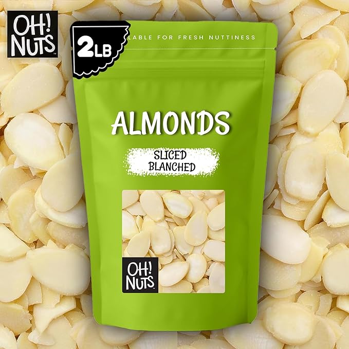 Oh! Nuts Almonds Blanched Sliced - Raw - 100% Natural - 2 LB - High-Protein Almonds - Packed in New York Zip-Seal Bag for Exceptional Freshness