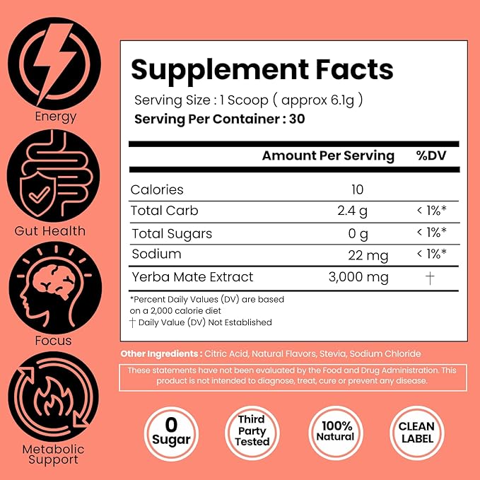 LivMatte Yerba Mate Instant Tea Powder-Natural Caffeine Flavored Drink Mix Sugar-Free Clean Energy Mental Focus + Wellness Support I 30 Servings (Strawberry Lemon)