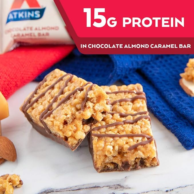 Atkins Chocolate Almond Caramel Protein Meal Bar High Fiber 15g Protein 1g Sugar 3g Net Carbs Meal Replacement Keto Friendly 8 Count