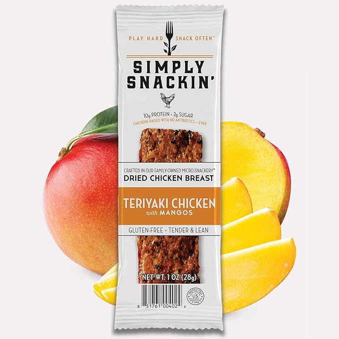 Simply Snackin' - Dried Chicken Breast Snacks High Protein Low Calorie Low Sugar Gluten Free Tender and Lean 20 Snack Pack (Teriyaki Chicken with Mangos)