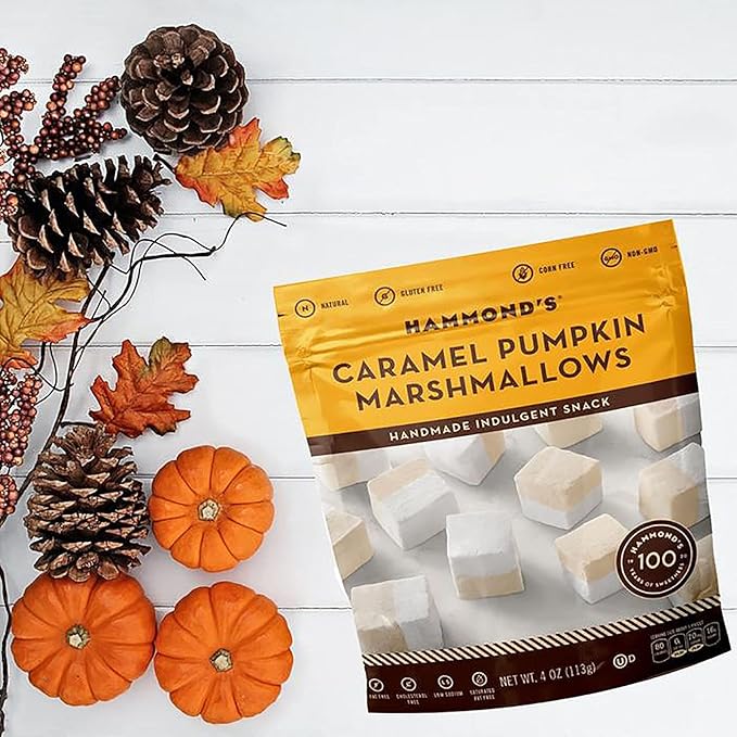 Hammond's Candies | Caramel Pumpkin Marshmallows | 4 Bags Great for Snacking | Hot Chocolate S’mores and Homemade Brownies | Small Batches | Handcrafted in the USA