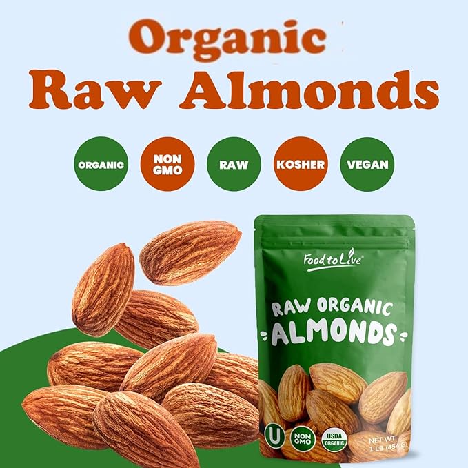 Food to Live - Organic Imported Raw Almonds 1 Pound Non-GMO Whole No Shell Unpasteurized Unsalted Vegan Kosher Keto-Friendly.
