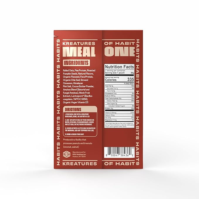 Kreatures of Habit MEAL ONE | Overnight &amp Instant Superfood Protein Meal Replacement | Gluten Free Dairy Free 30g of Plant Based Protein With No Added Sugar (7 Pack Limited Edition Flavor Cin