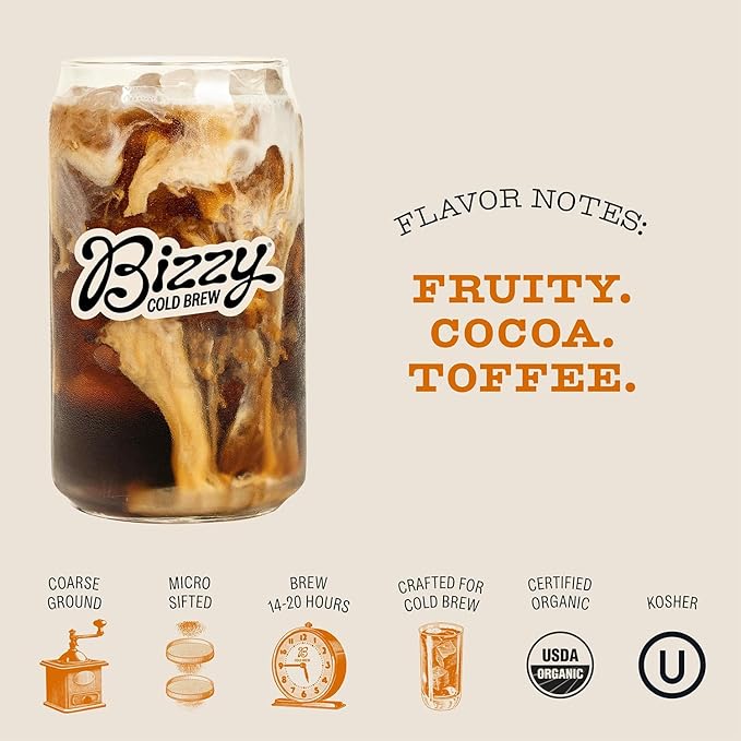 Bizzy Organic Cold Brew Coffee | Bundle | Coarse Ground Coffee | Smooth &amp Sweet 1 LB + Breakfast Blend 1 LB | 2 Pack