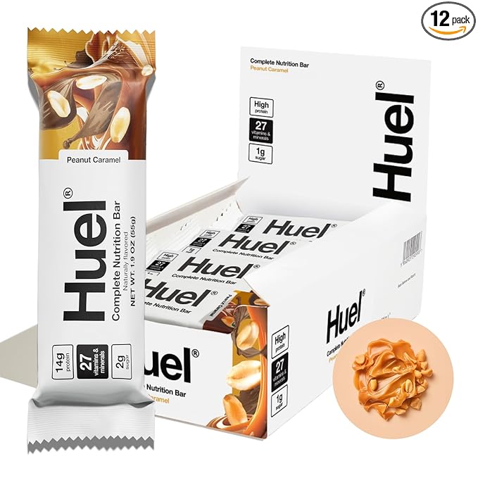Huel Complete Nutrition Vegan Protein Bars | Peanut Caramel | 13g Protein | 27 Vitamins &amp Minerals 2g Sugar Non-GMO 100% Plant Based Snack | 12 Pack
