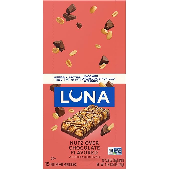 LUNA Bar - Nutz Over Chocolate Flavor - Gluten-Free - Non-GMO - 7-9g Protein - Made with Organic Oats - Low Glycemic - Whole Nutrition Snack Bars - 1.69 oz. (15 Count)