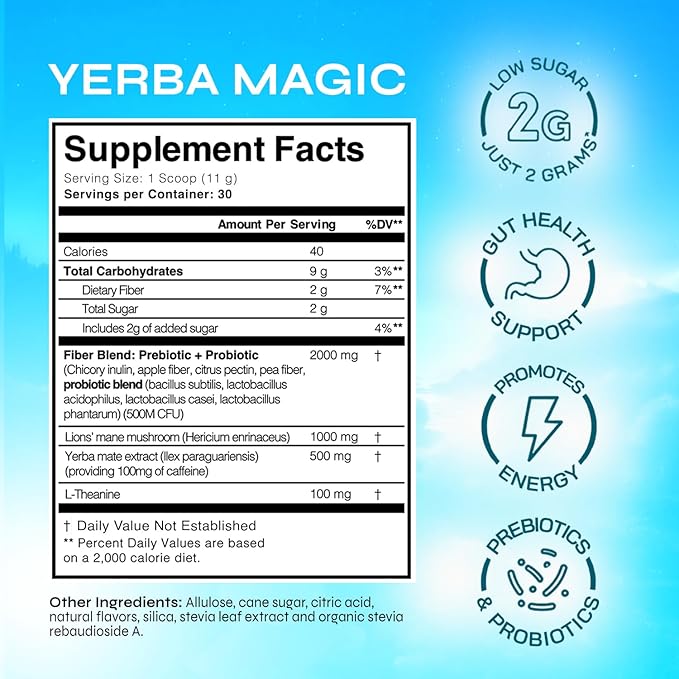 Yerba Magic – Yerba Mate Tea Instant Powder Super Drink with Nootropics Prebiotics &amp Probiotics – Clean Energy Mental Clarity &amp Gut Wellness | Low Sugar Natural Caffeine – Peach Mango 30 S