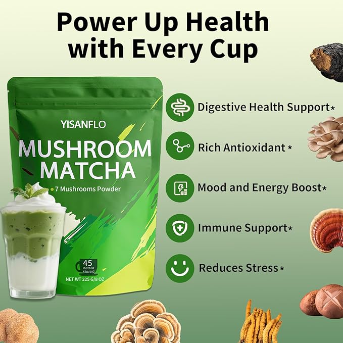 YISANFLO 7-in-1 Mushroom Matcha for Energy Focus Digestion Immunity Turkey Tail Shiitake Lion's Mane Ceremonial-Grade Matcha Mushroom Powder 8 Oz(45 Servings)