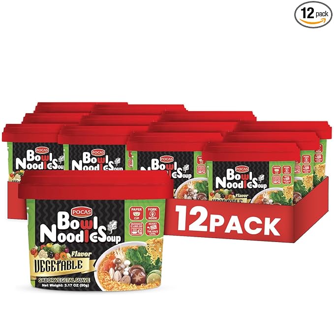 Pocas Bowl Noodle Soup Vegetable 12-Pack – Microwavable Instant Noodles Bowl 3.17 Oz Ea