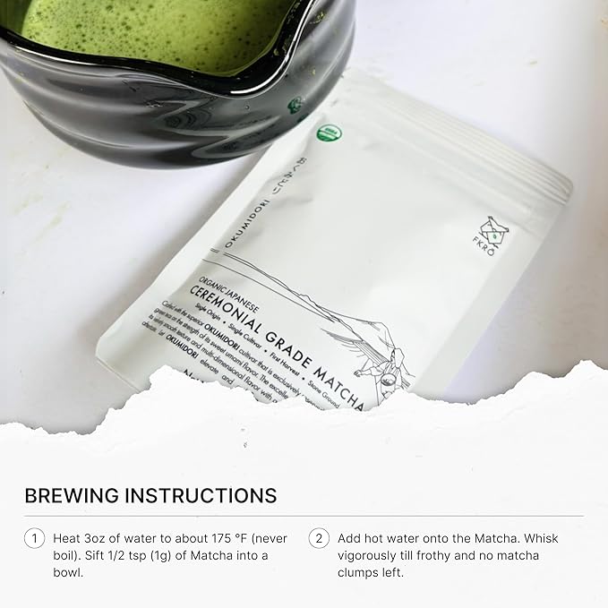 FKRO Organic Ceremonial Grade Matcha Green Tea Powder | 1st Harvest Single Origin Single Okumidori Cultivar | Sugar-free | Flown in Fresh from Japan Every Month (30g/1.06oz) Pouch