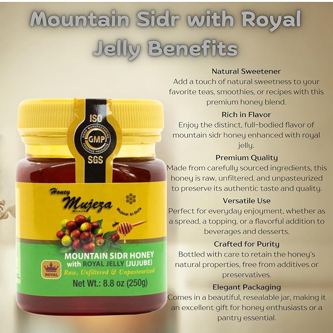 Authentic Mountain Sidr Honey with Royal Jelly – Jujube Honey Supports Mental Health Memory and Cognition 100% Natural Raw Liquid Honey Gluten Free (250g/ 8.8 oz)