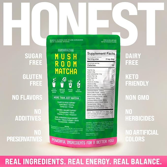 Mushroom Matcha + Lion’s Mane Ashwagandha Collagen - Focus Energy &amp Immune Support - 30 Servings of Adaptogen Superfood Blend for All Day Coffee Alternative