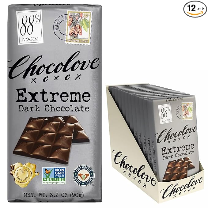 Chocolove Extreme Dark Chocolate Bars | 88% Cocoa | Rich and Intense Flavor | Made with Premium Dark Chocolate | Non-GMO &amp Gluten-Free 3.2 oz Bar (12 Pack)