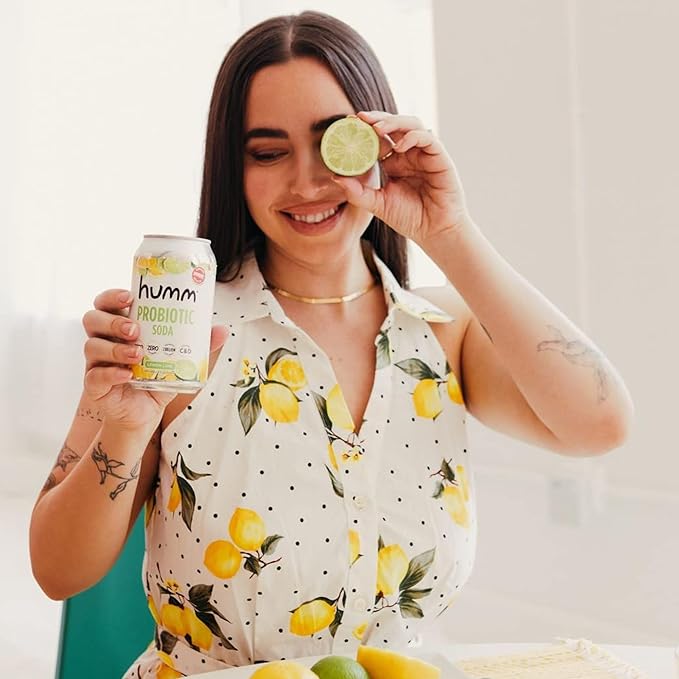 Humm Sparkling Probiotic Lemon Lime Soda Zero Sugar Zero Calorie 2 Billion Probiotics Vitamin C D and B12 12 fl oz (Pack of 12)
