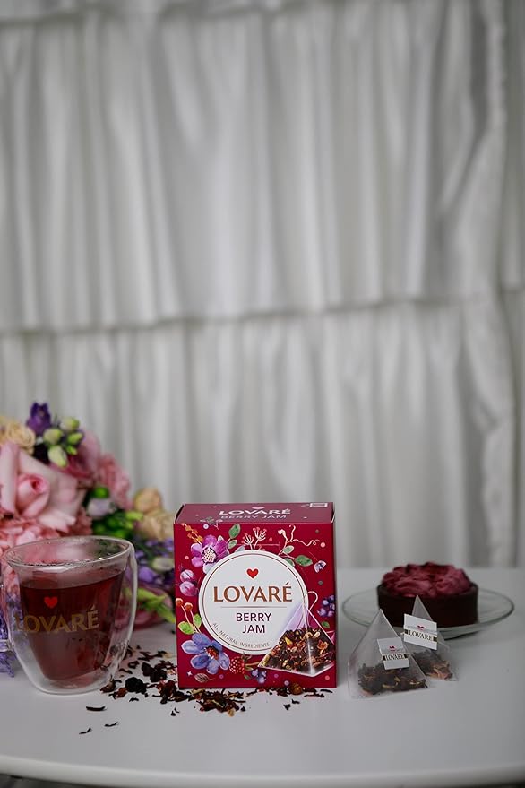 LOVARE Assorted Tea Variety Pack of 60 Pyramids - Made in Ukraine - Set of 4 Pyramid Tea Bags Boxes – 1001 Nights Strawberry Marshmallow Sparkling Splashes Berry Jam - Flavored tea Pyramid Bags