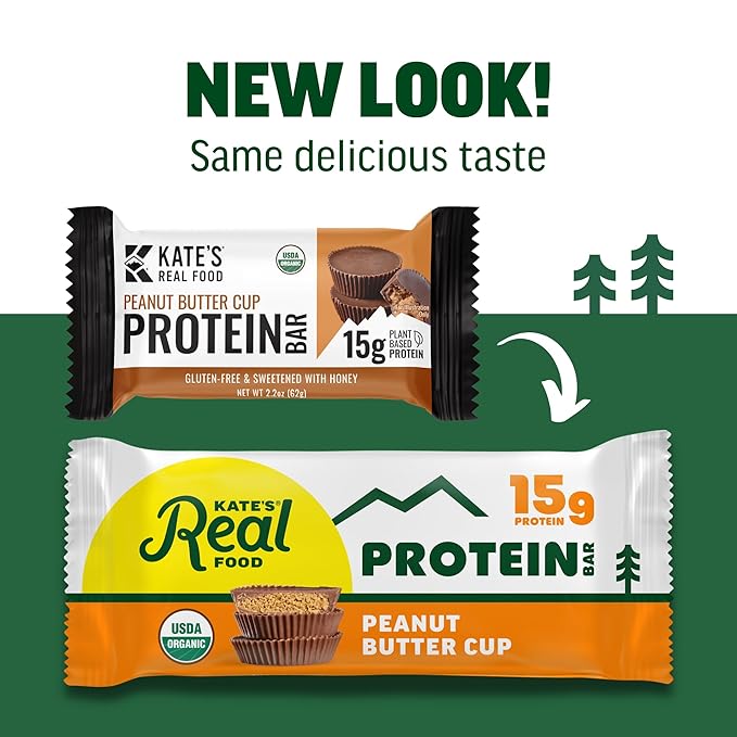 Kate’s Real Food Organic Protein Bars – (Peanut Butter Cup 2.2 oz Pack of 12) – Plant Based Protein Bars - Gluten Free Soy Free Non GMO Whole Grains and All Natural