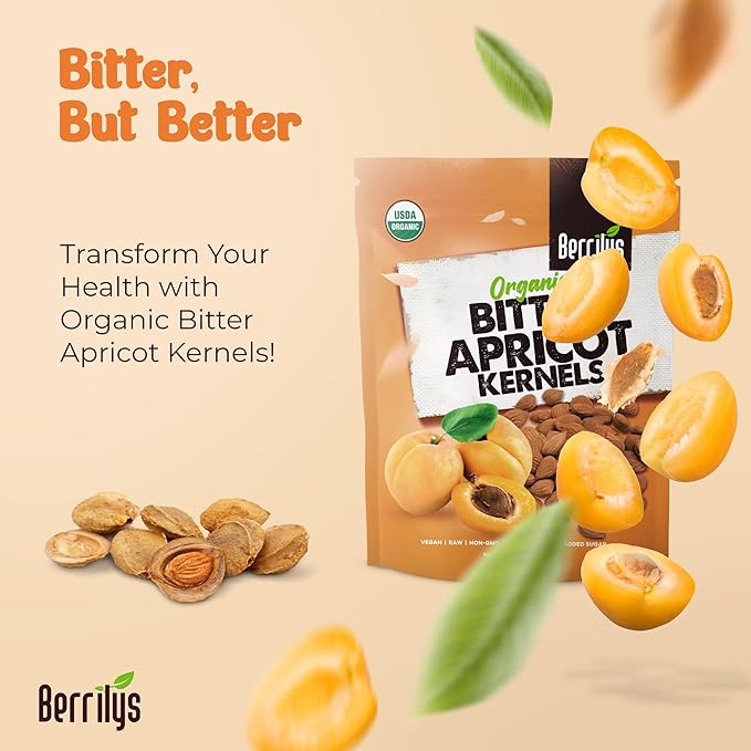 Berrilys Organic Bitter Apricot Kernels - USDA Certified Organic Bitter Apricot Seeds - Natural &amp Non-GMO Premium Quality Kernals No Sulfur or Additives - 16 oz