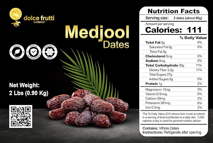 Dolce Frutti Medjool Dates– 2 Lbs –Naturally Sweet with Rich Caramel Taste Grown in California Using Permaculture Practices Great for Snacking &amp Blending Farm Fresh &amp Handpicked