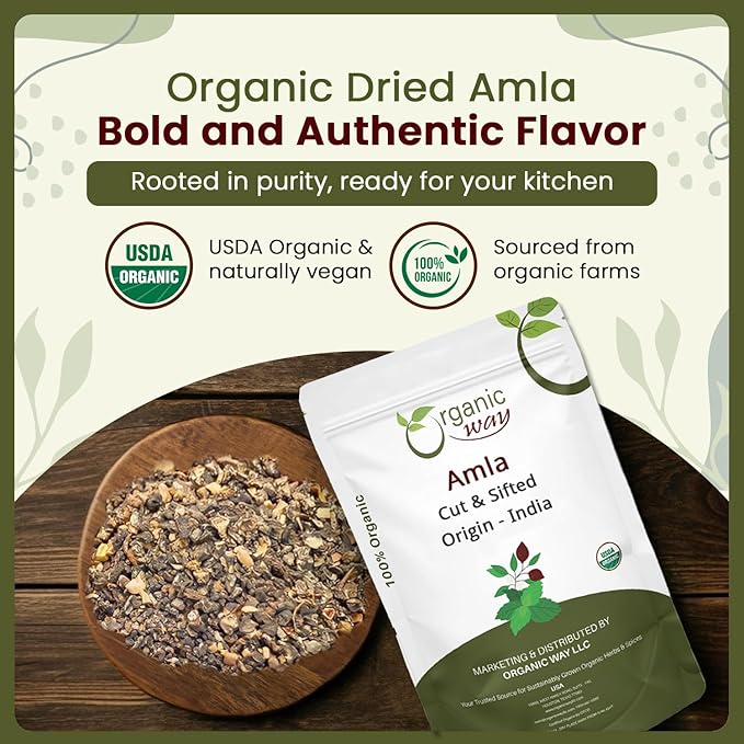 Organic Way Dried Amla/Indian Gooseberry Cut &amp Sifted (Phyllanthus emblica) - Organic &amp Kosher Certified | Raw Vegan Non GMO &amp Gluten Free | USDA Certified | Origin - India (1LBS / 16Oz)