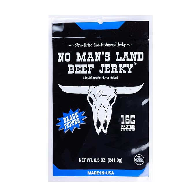 No Mans Land High Protein Beef Jerky | 16G Protein Low Carb Low Calorie Beef Snack | Slow-Dried Smoked &amp Seasoned Jerky Strips | Black Pepper 8.5oz Bag