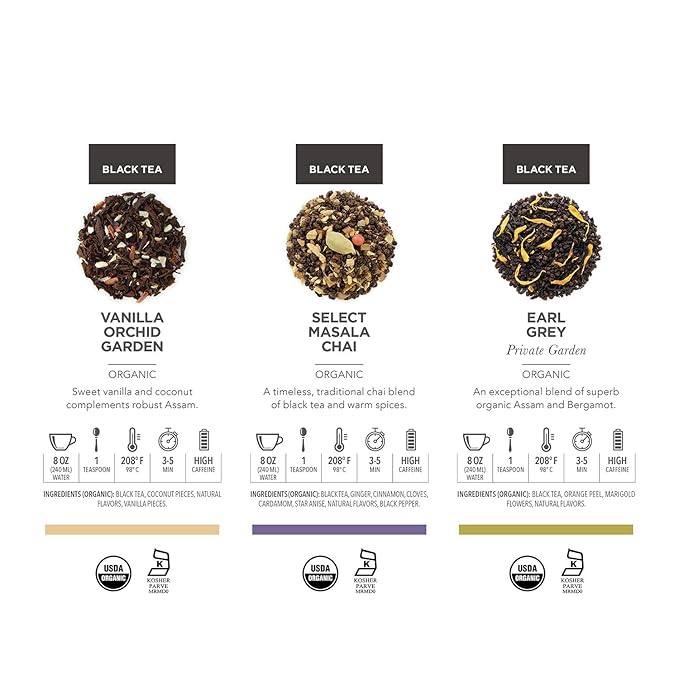 Teabloom Black Forest Organic Tea Collection - 6 Organic Loose Leaf Tea Blends Black Tea Leaves Blended with Fruits and Flowers
