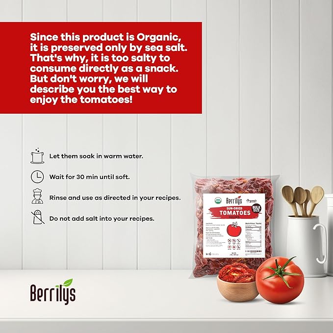 Sun-Dried Tomatoes 2 LBS USDA Organic Berrilys No Sulfur No Preservatives Seasalt is used as natural preservative Raw Non-GMO Great Ingredient for Baking and Cooking