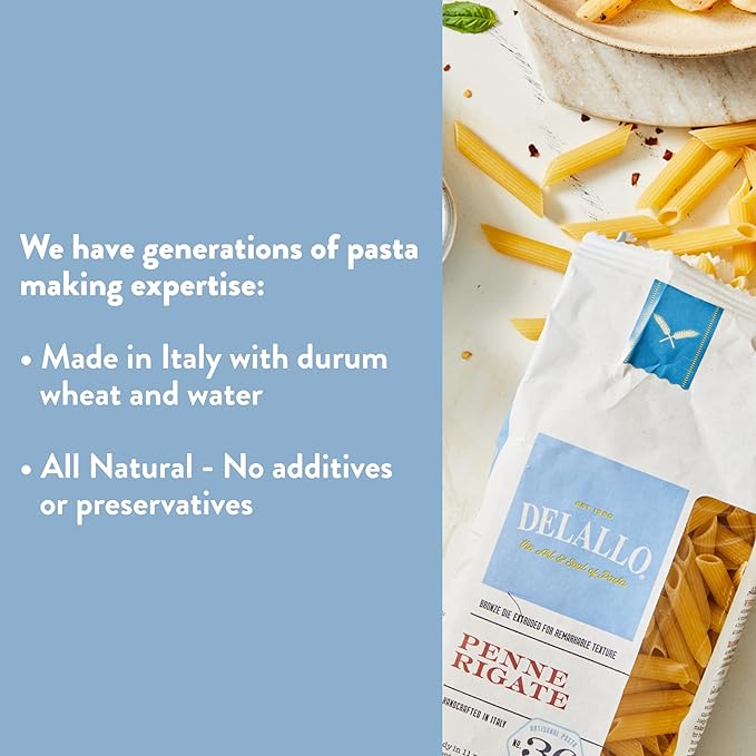 DeLallo Penne Rigate Pasta 1 Pound Bag 4 Pack Made in Italy Cooks in 11 Minutes Made with Durum Wheat Semolina Flour Non-GMO
