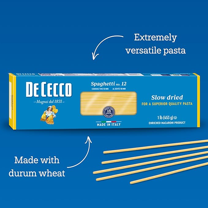 De Cecco Spaghetti No. 12 Pasta 16 Oz (Pack of 20) Authentic Slow Dried Made with Durum Wheat Versatile Pasta for Sauces &amp Recipes Made in Italy