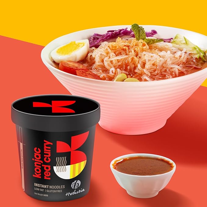 Hethstia Konjac Noodles Red Curry Soup Cups – 6-Pack Shirataki Angel Hair Pasta Low Carb (4g) Instant Konjac Spicy Red Curry Broth Gluten-Free Low Sugar Low Fat Healthy Asian Ramen