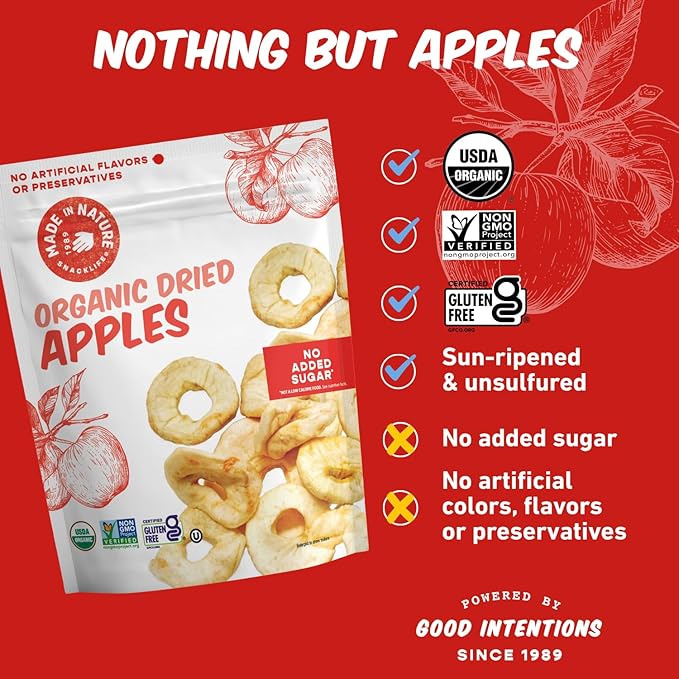 Made In Nature Organic Dried Apple Rings 3 Ounce (Pack of 6) – Vegan Snack Non-GMO Unsulfured Gluten Free Kosher