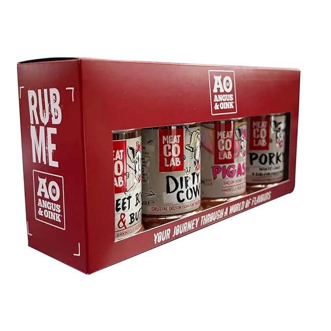 Angus &amp Oink Gift Set | Best of BBQ Gift Box | BBQ Rubs | 1 x Sweet Bones &amp Butts 220G | 1 x Dirty Cow Seasoning | 1 x Pigasus | 1 x Porky White Chick 220G