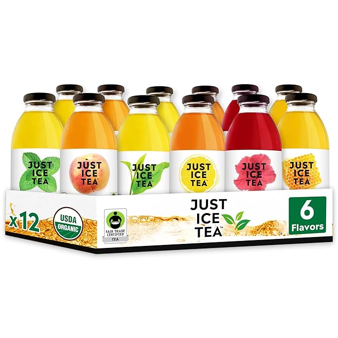 Just Ice Tea Organic Iced Tea 16 Fl Oz Glass Bottles (6 Flavor Variety Pack of 12)