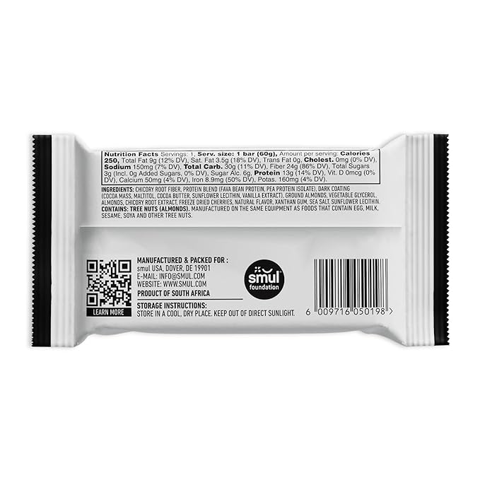 smul Plant Based Protein Bar – Cherry Almond – 13g Protein Only 3g Sugar Gluten Free Non-GMO Vegan Dairy Free – High Fiber Snack to Satisfy and Sustain – 12 Pack
