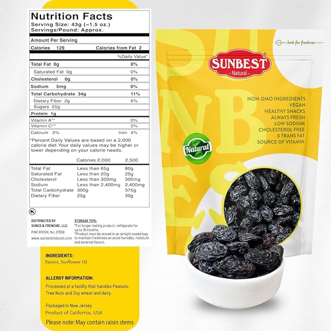 Sunbest Natural Jumbo Black Raisins 5 lbs – Naturally Sweet Dried Fruit – California Dried Grapes for Trail Mix Salads &amp Snacking – Non-GMO Vegan &amp Kosher (80 oz)