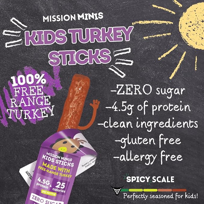 Mission Meats Kids Turkey Sticks 100% Free Range Healthy Snacks for Kids Zero Sugar 9g Protein per Serving Gluten &amp Nut Free Individually Wrapped Mini 0.5oz (24ct Bag)